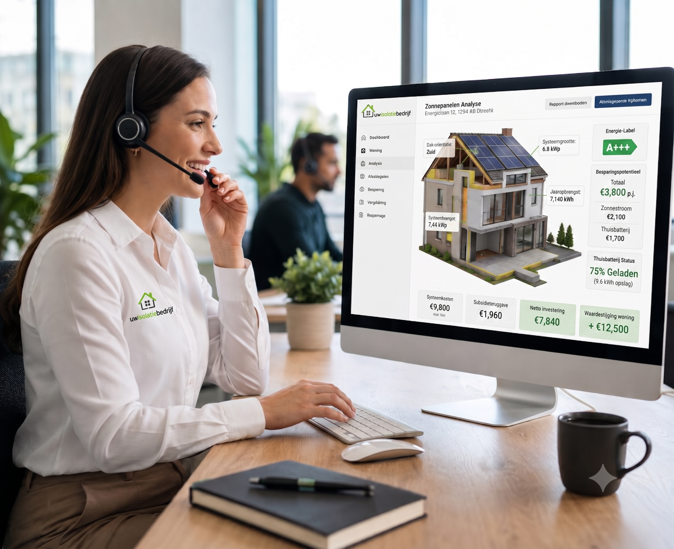 Telefonist met Ecosync-opbrengstinzichten op het scherm