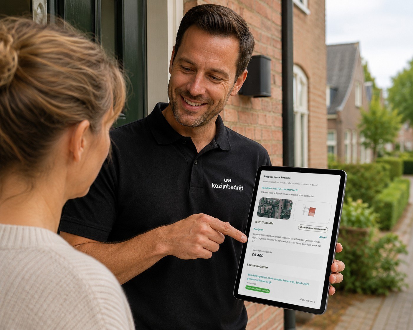 Verkoper die aan de deur met woningdata de bewoner per kozijn overtuigt